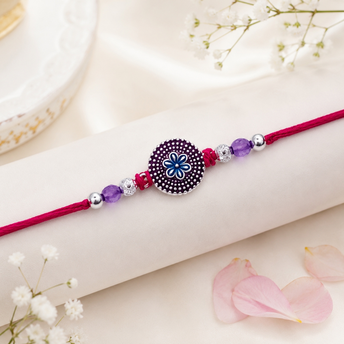 Silver Rakhi Purple Floral Charm Design For Mens